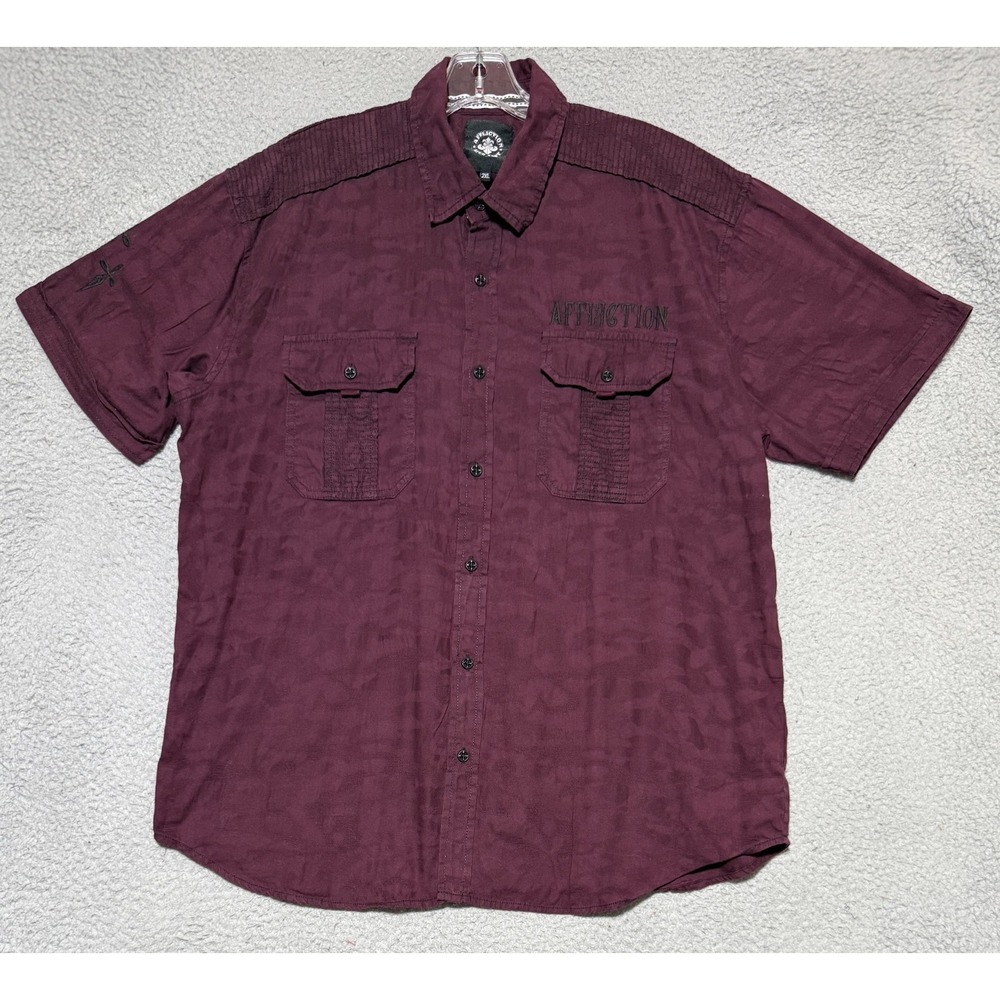 Affliction Short Sleeve Shirt Live Fast Embroidered Mens 2XL (Fits XL) Burgundy